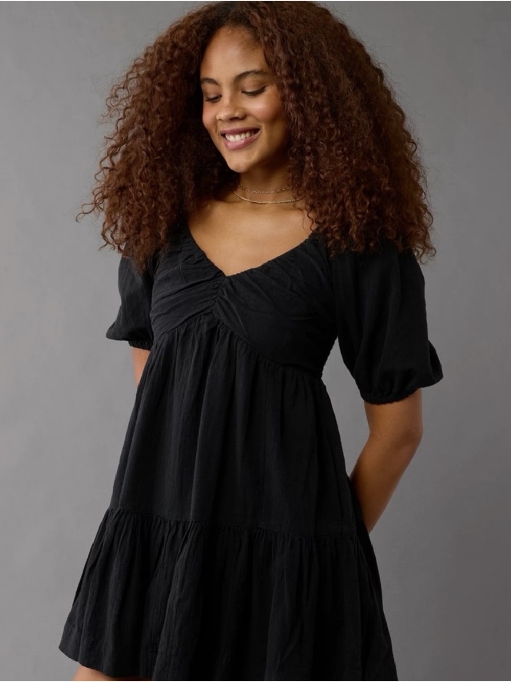 American Eagle AEO Black Ruched Puff Sleeve Tiered Smocked Babydoll Mini Dress S